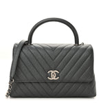 Metallic Caviar Chevron Quilted Small Coco Handle Flap Dark Silver