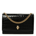 Calfskin Crocodile Embossed Skull Mini Shoulder Bag Black