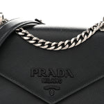 Saffiano Cuir Calfskin Monochrome Envelope Flap Chain Shoulder Bag Black