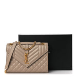 Grain De Poudre Textured Mixed Matelasse Medium Triquilt Monogram Satchel Dark Beige