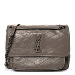 Crinkled Calfskin Matelasse Monogram Medium Niki Chain Satchel Greyish Brown