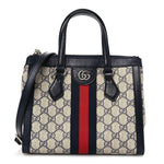 GG Supreme Monogram Textured Dollar Calfskin Web Small Ophidia Tote Bag Beige Blue