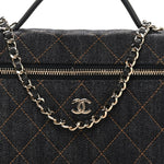 Denim Quilted Top Handle Slim Vanity Case With Chain Dark Blue Orange