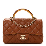 Lambskin Quilted Bi-Color Mini Top Handle Rectangular Flap Light Brown Yellow
