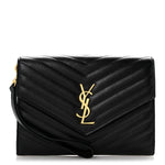 Grain De Poudre Matelasse Chevron Monogram Envelope Clutch Black