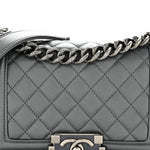 Metallic Calfskin Quilted Small Boy Flap Dark Silver