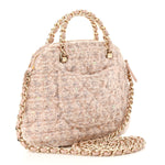 Cotton Wool Tweed Sequin Quilted Shiny Coco Clutch With Chain Light Pink Beige Ecru