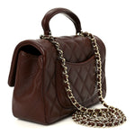 Lambskin Quilted Mini Top Handle Rectangular Flap Dark Brown