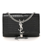 Calfskin Crocodile Embossed Small Classic Monogram Kate Tassel Satchel Black