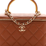 Lambskin Quilted Small Top Handle Vanity Case With Chain Light Brown Yellow