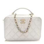 Metallic Lambskin Quilted Top Handle Vanity Case Silver