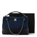 Tweed Shiny Lambskin Quilted Coco Base Small Shopping Bag Dark Blue