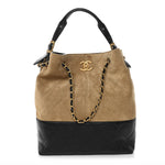Suede Calfskin Shiny Lambskin Quilted Coco Base Shopping Bag Beige Black
