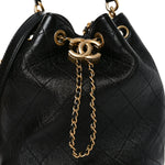 Shiny Lambskin Quilted Fashion Therapy Bucket Drawstring Bag Black