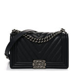 Calfskin Chevron Quilted Medium Boy Flap Black