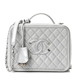 Metallic Caviar Quilted Large CC Filigree Vanity Case Silver