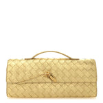 Metallic Satin Lambskin Intrecciato Long Andiamo Top Handle Clutch Gold