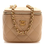 Lambskin Quilted Pearl Crush Mini Vanity Case With Chain Beige