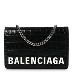 Shiny Calfskin Logo Crocodile Embossed Ville Wallet on Chain Black