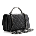 Shiny Crumpled Calfskin Crystal Quilted Precious Handle Clutch With Chain Black