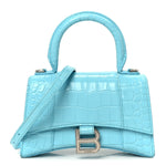 Shiny Calfskin Crocodile Embossed Hourglass Top Handle Bag XS Turquoise