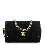 Velvet Camellia Embossed Jewel Belt Card Holder With Chain Black