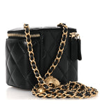 Lambskin Quilted Mini Pearl Crush Vanity Case With Chain Black