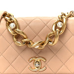 Calfskin Quilted Pearl Jewel Chain Flap Beige