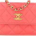 Shiny Lambskin Quilted Card Holder On Chain Pink