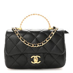 Lambskin Resin Quilted Top Handle Flap Black