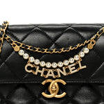 Shiny Lambskin Quilted Mini Pearl Logo Flap Black