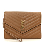 Grain De Poudre Matelasse Chevron Monogram Cassandre Flap Pouch Natural Dark