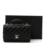 Lambskin Quilted Top Handle Trendy CC Wallet On Chain WOC Black