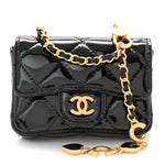 Patent Enamel Quilted Coco Hearts Clutch With Chain Black