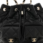 Lambskin Quilted Double Pocket Drawstring Backpack Black