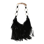 Suede Calfskin Fringe Buffalo Horn Mombasa Hobo Black