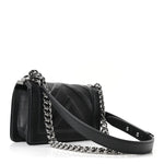 Calfskin Perforated Chevron Quilted Small Boy Flap Black