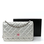 Metallic Lambskin Quilted Wallet On Chain WOC Silver