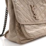 Crinkled Calfskin Matelasse Monogram Medium Niki Chain Satchel Gold Sand