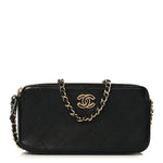 Goatskin Enamel Quilted Small Clutch With Chain Black