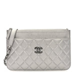 Metallic Lambskin Quilted Clutch With Chain Silver