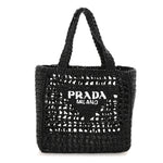 Yarn Raffia Effect Crochet Logo Embroidered Small Tote Bag Black