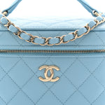 Caviar Quilted Top Handle Vanity Case With Chain Blue
