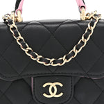 Lambskin Quilted Bi-Color Top Handle Clutch With Chain Black Pink