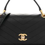 Grained Calfskin Snakeskin Small Chevron Chic Top Handle Flap Black