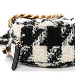 Wool Tweed Lambskin Quilted Chanel 19 Round Clutch With Chain and Coin Purse Black White