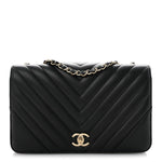 Calfskin Chevron Quilted Large Statement Flap Black