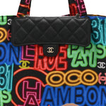 Caviar Fabric Graffiti Foldable Tote Bag With Chain Black Multicolor