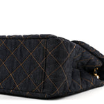 Denim Quilted XXL Travel Flap Bag Dark Blue Orange
