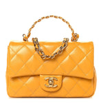Shiny Lambskin Quilted Golden Links Top Handle Flap Yellow